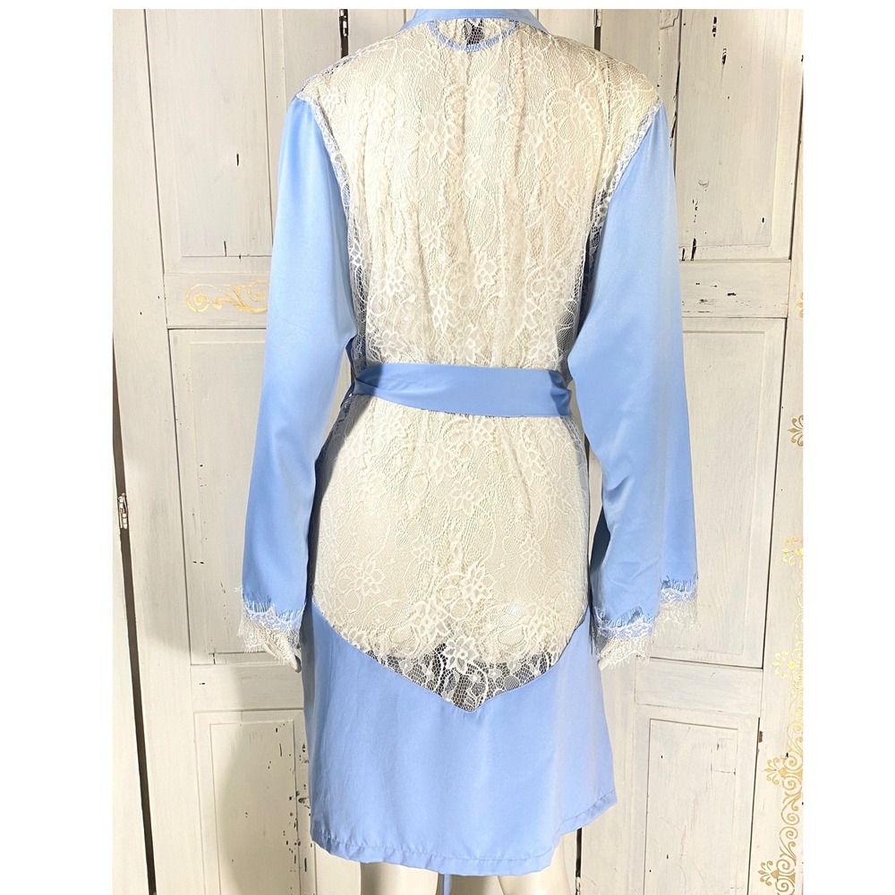 Fredericks‎ of Hollywood Blue Satin Lace Back Robe L Bridal Lingerie Loungewear - Picture 2 of 7